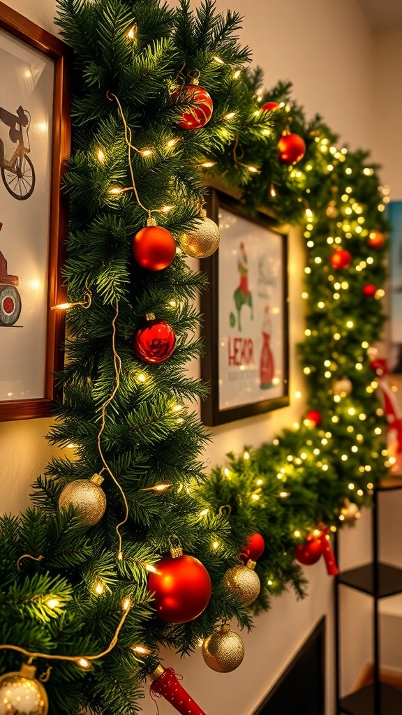 Christmas Background Wall Decoration Ideas A festive Christmas wall decorated with garlands, lights, and ornaments, showcasing a warm holiday spirit.